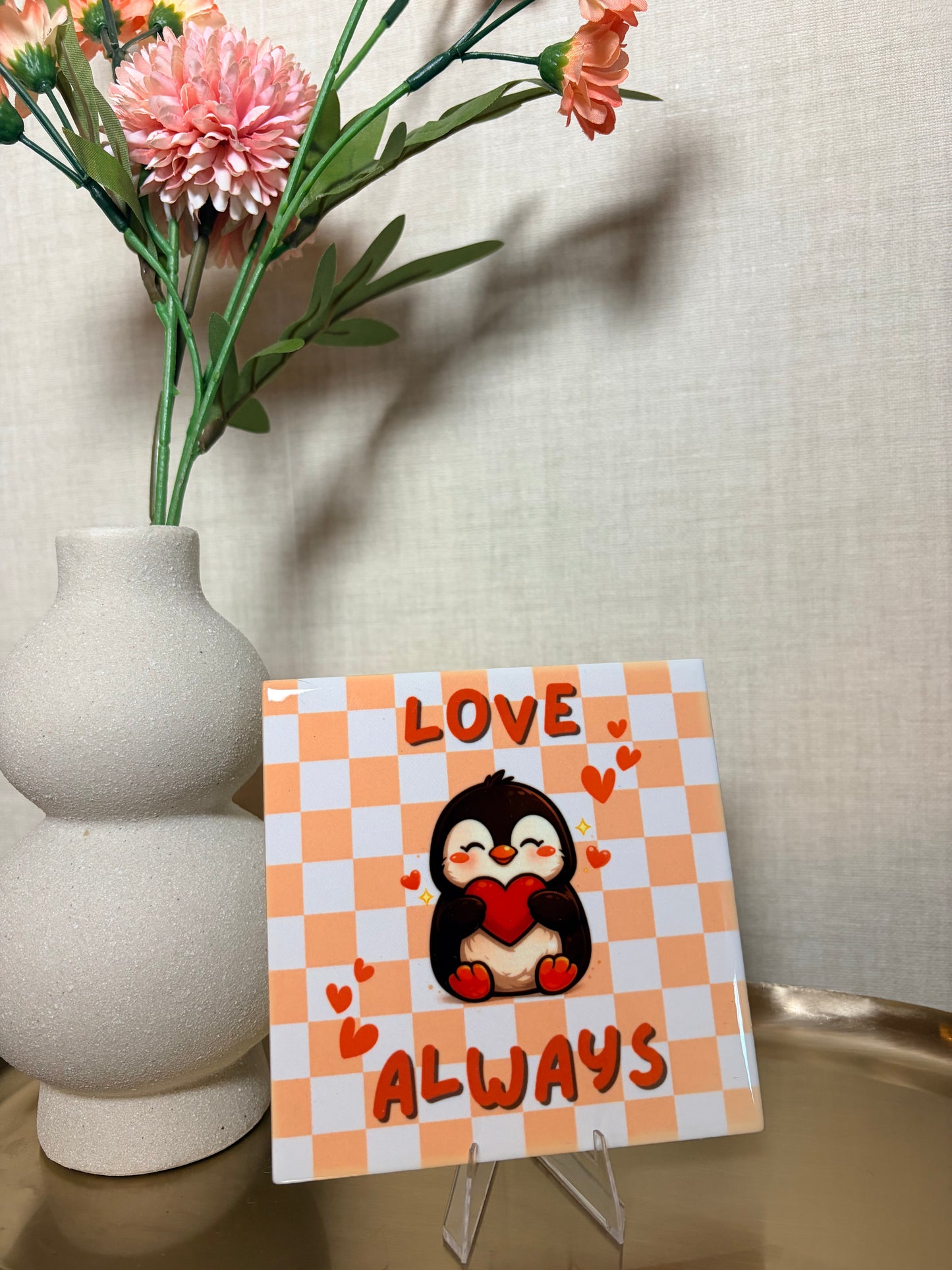 Tegeltje 'love always pinguïn'